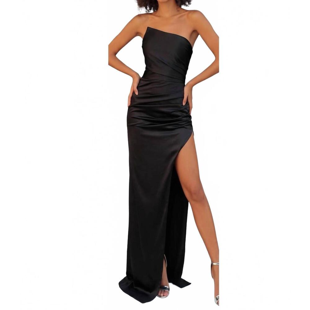 NEW TARIK EDIZ asymmetrical bodice high slit gown in black